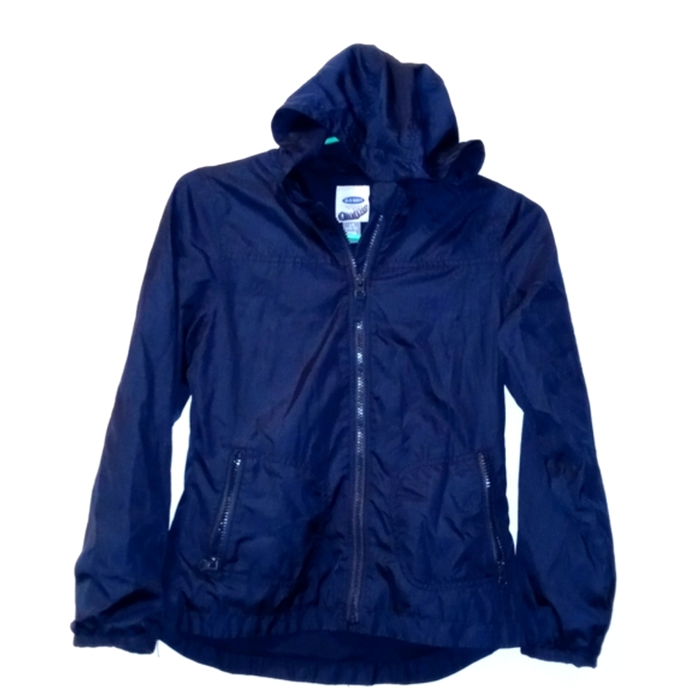 OLD NAVY HOODIE WINDBREAKER RAIN JACKET FULL ZIPPER LINED NAVY BLUE BOY SIZE 12